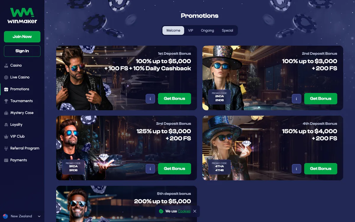 Winmaker Casino — Promotions, captured from New Zealand