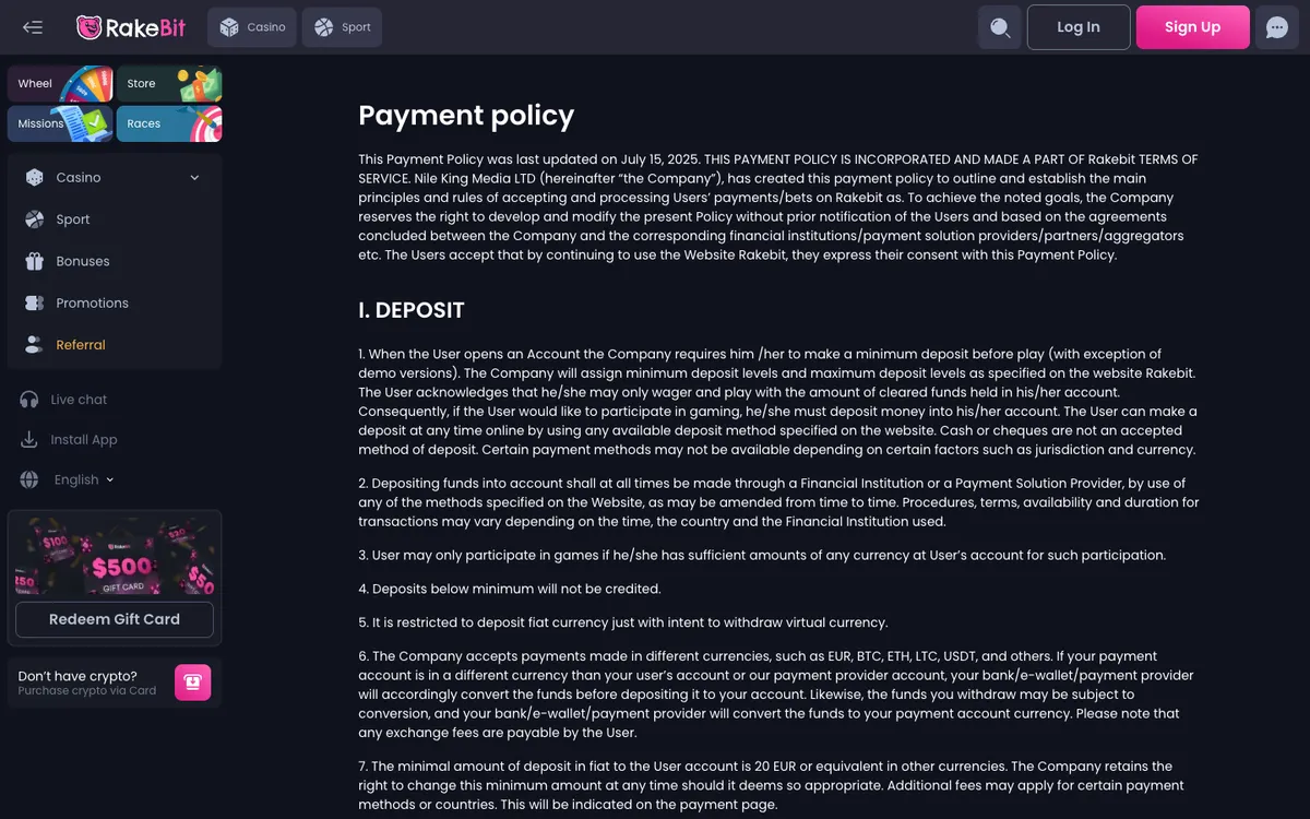 Rakebit Casino — «Платежи», снято из страны Австрия