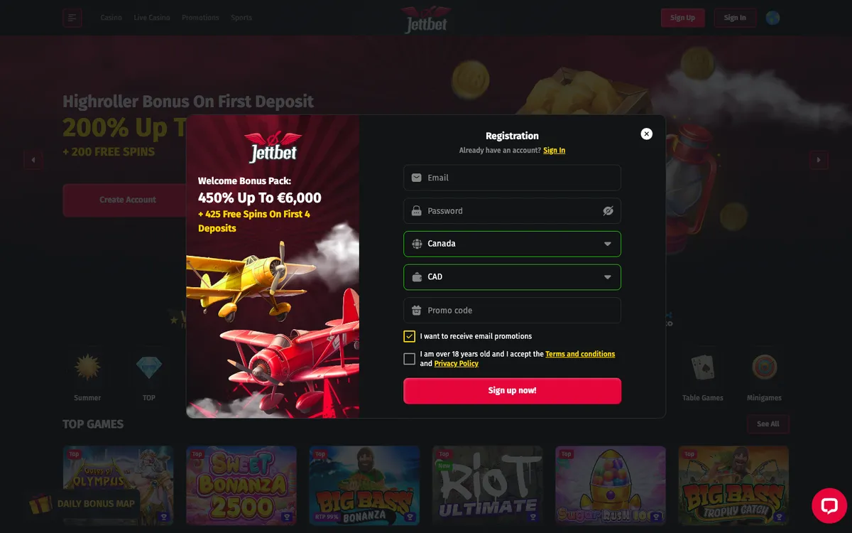 JettBet Casino — Sign-up, captured from Canada