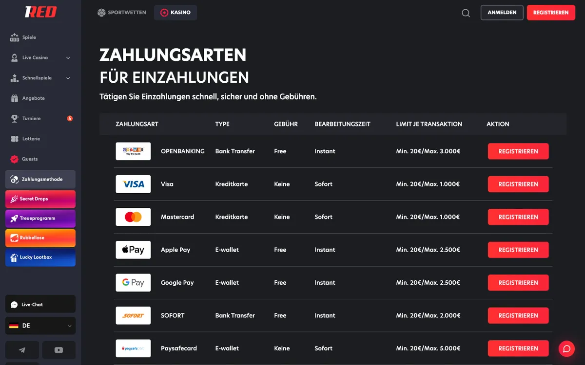 1Red Casino — Payments, captured from Germany