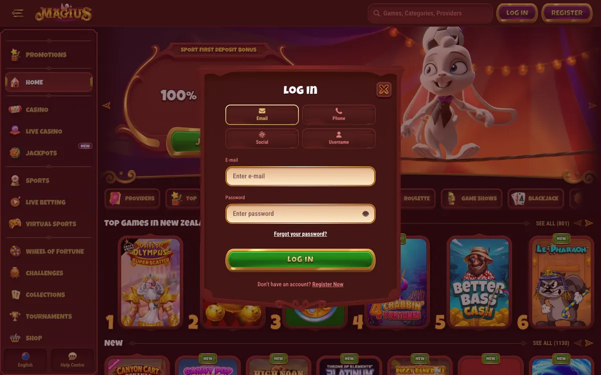 Magius Casino — Sign-up, captured from New Zealand