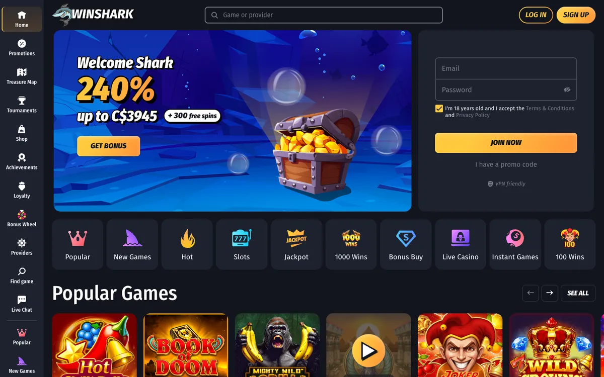 Winshark Casino — Home page, captured from Canada