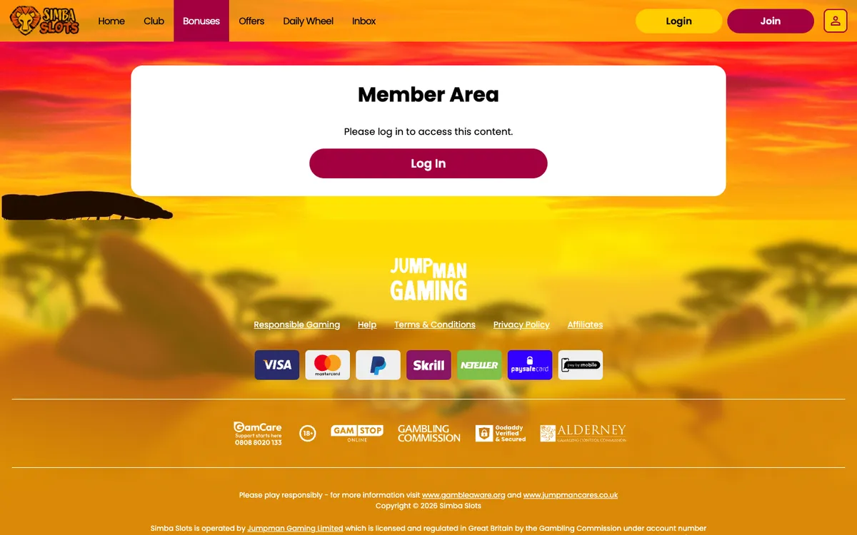 Simba Slots Casino — Promotions, captured from United Kingdom