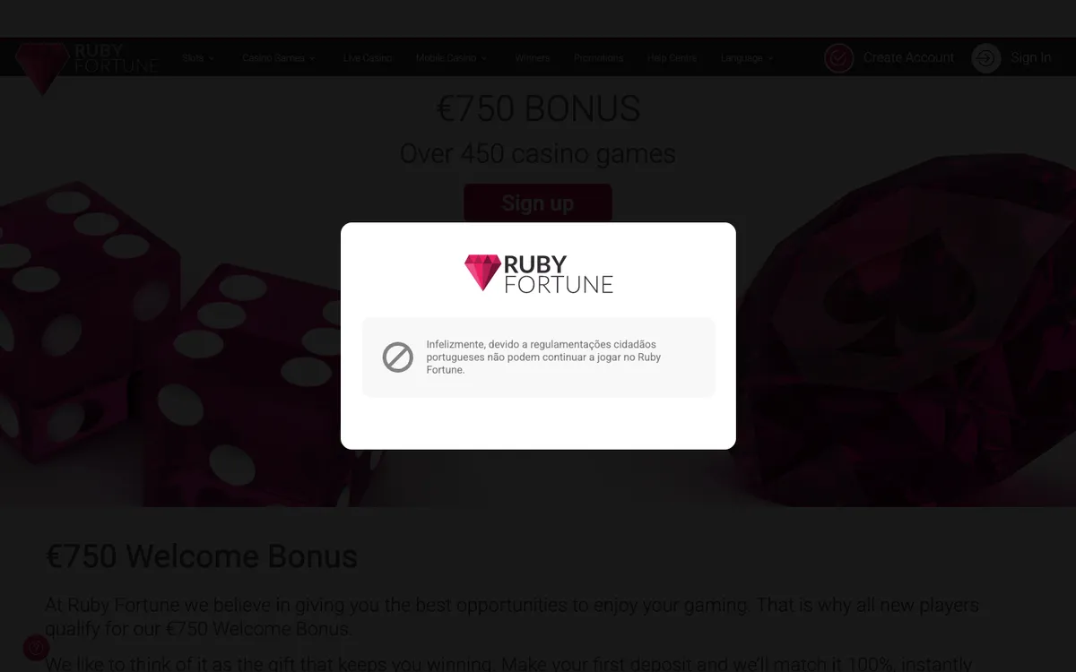 Ruby Fortune Casino — Promotions, captured from Portugal