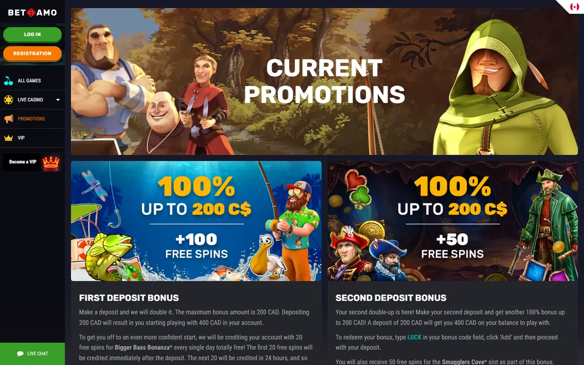 Betamo Casino — Promotions, captured from Canada