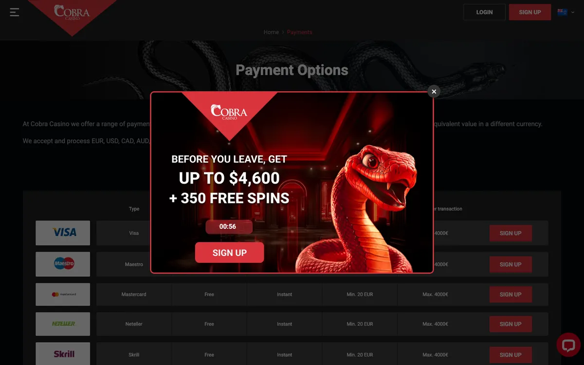 Cobra Casino — «Платежи», снято из страны Новая Зеландия