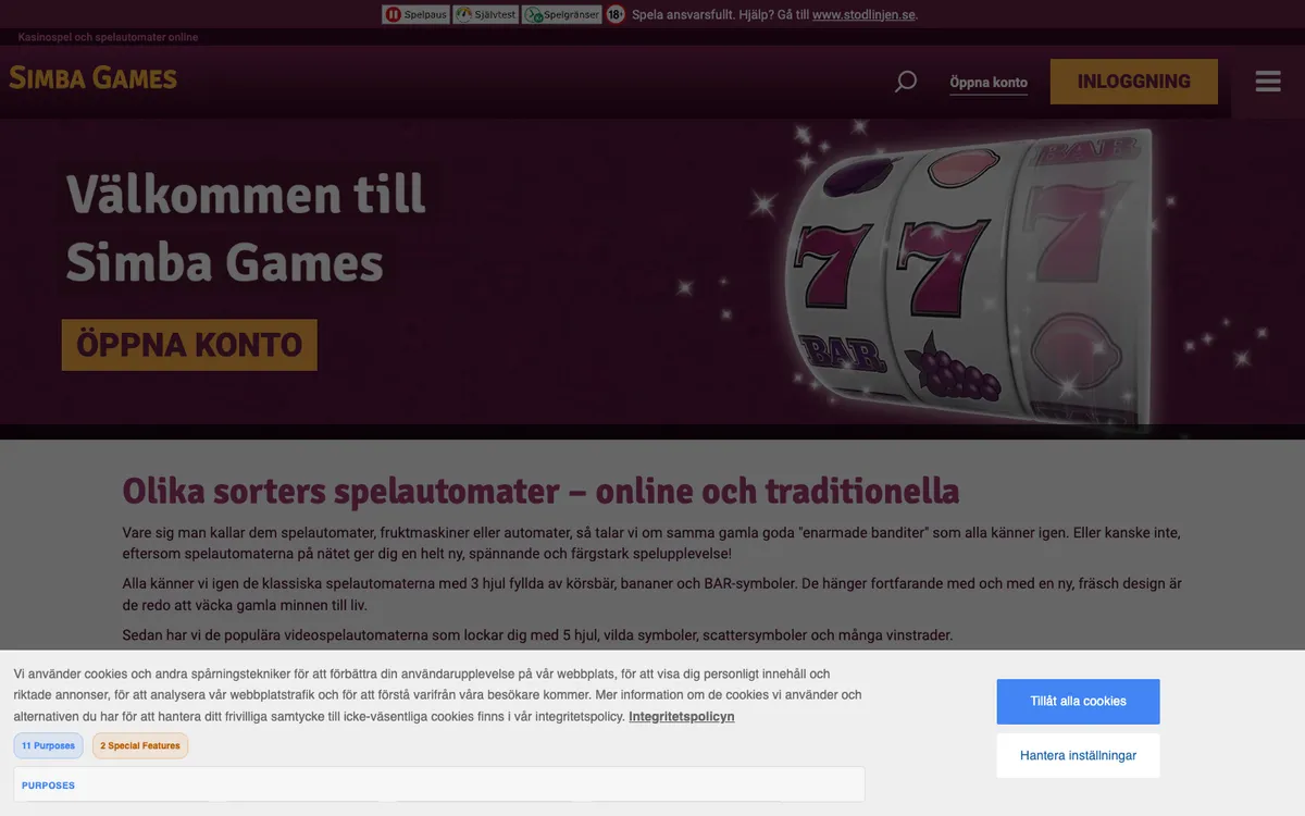 Simba Games — Home page, captured from Sweden