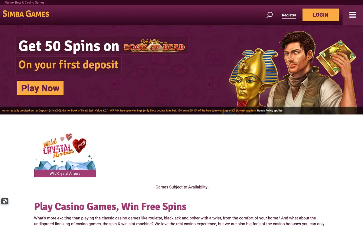 Simba Games — Home page, captured from United Kingdom