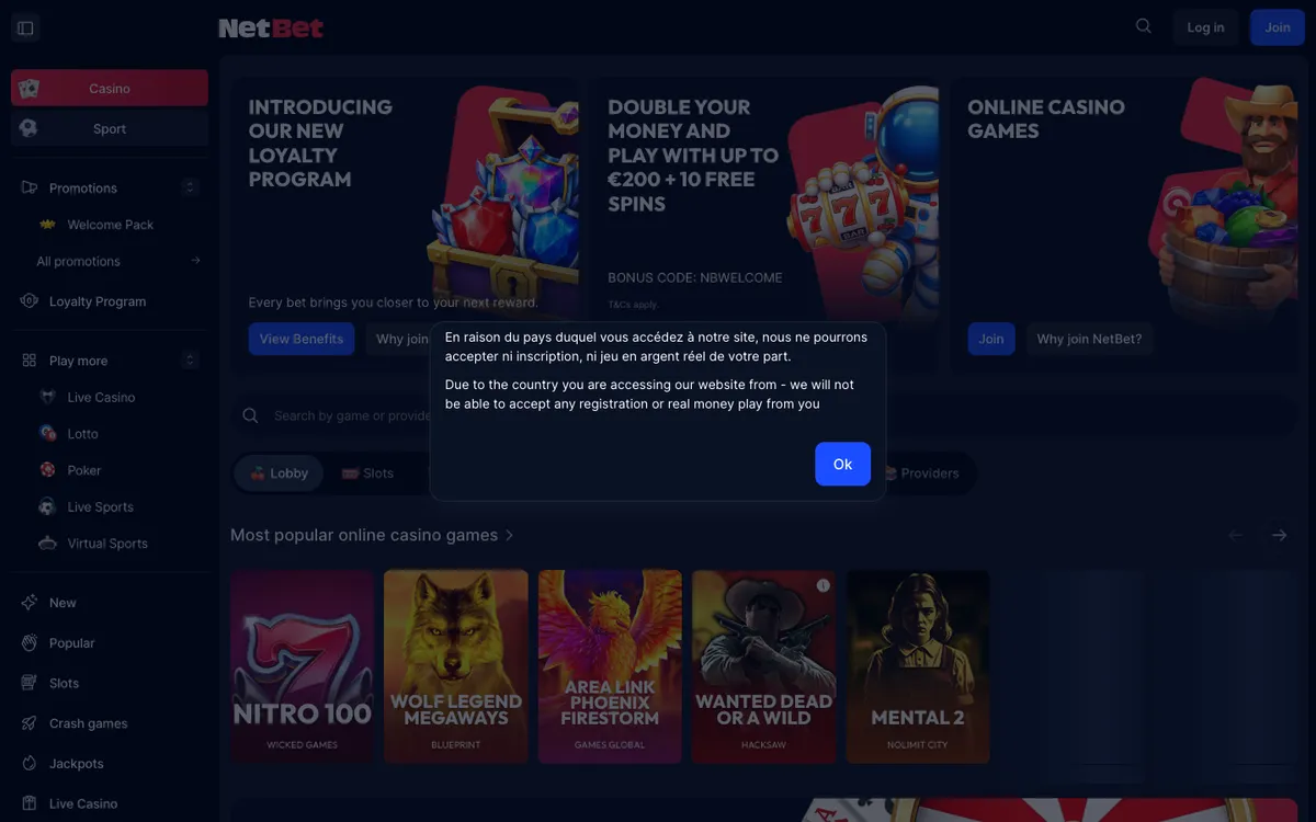 NetBet Casino — Home page, captured from France