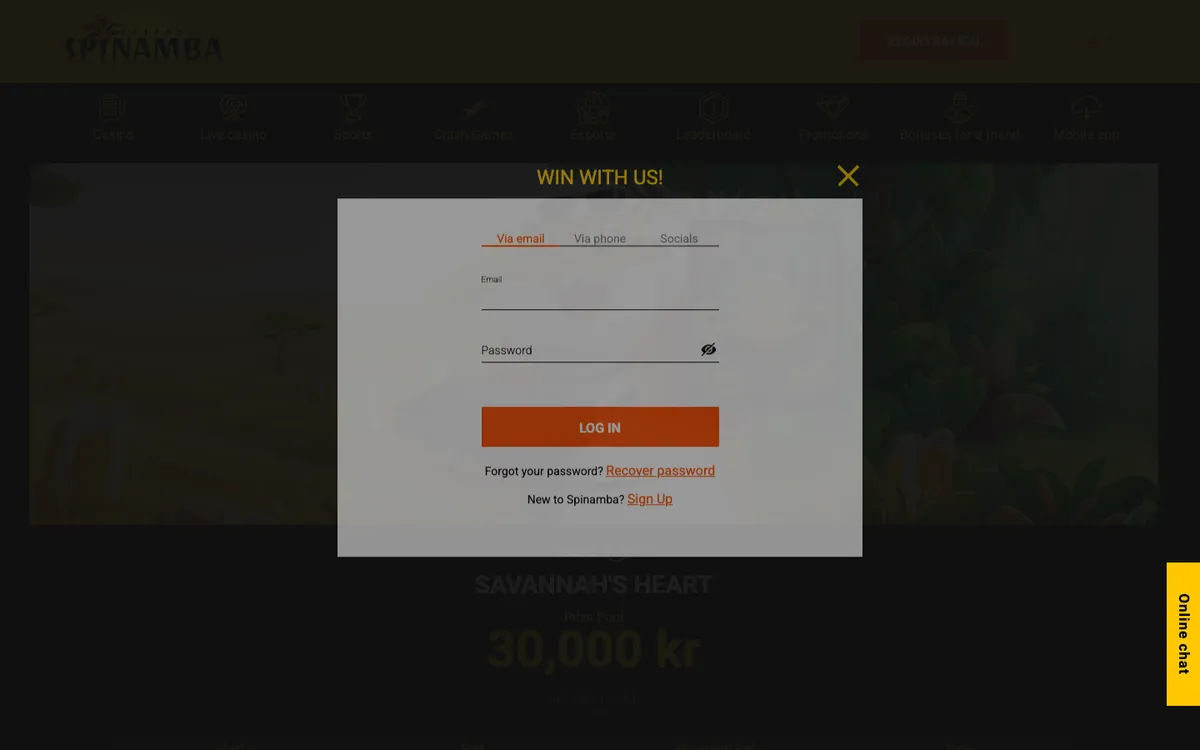 Spinamba Casino — «Регистрация», снято из страны Норвегия