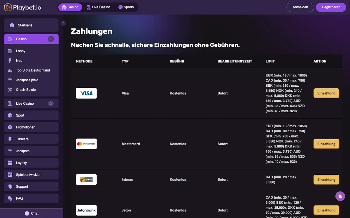 Playbet.io Casino — Payments, captured from Germany