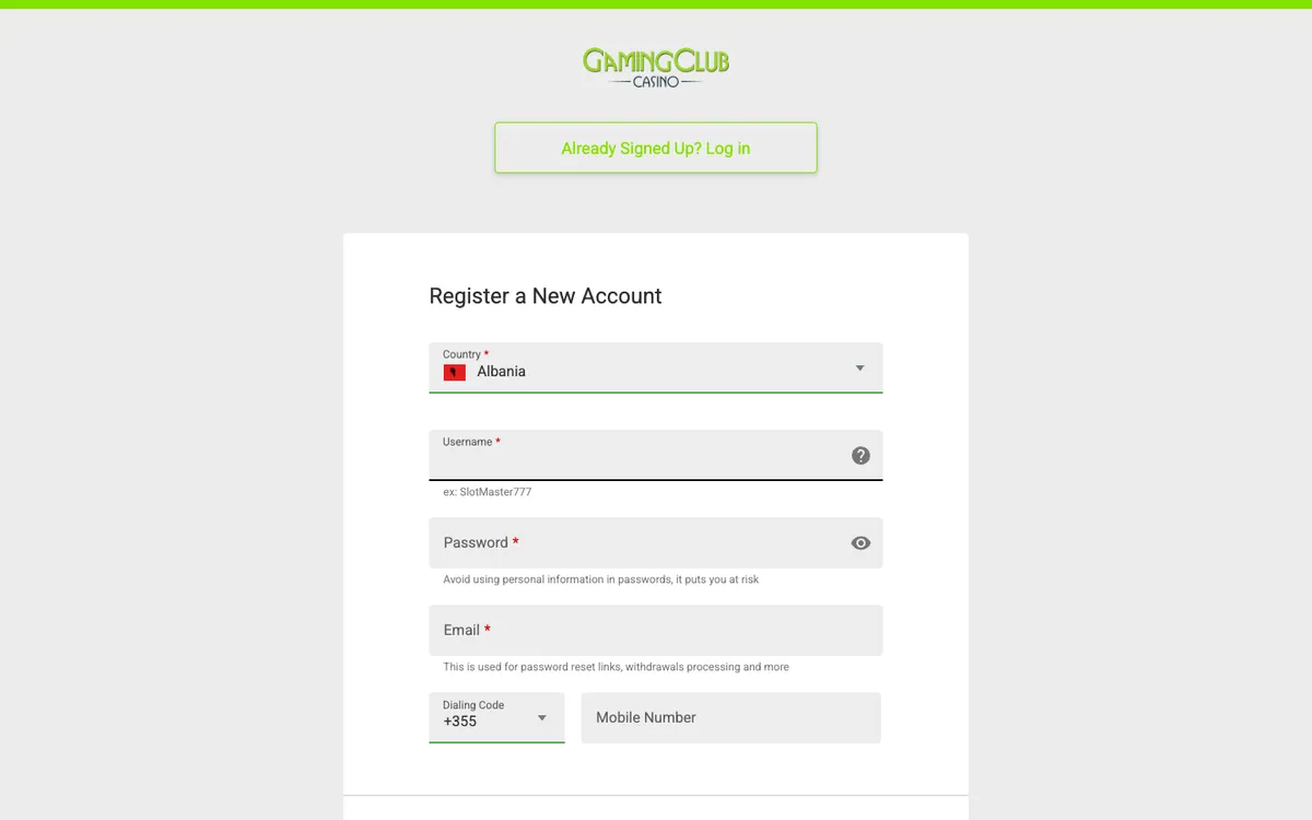 Gaming Club Casino — Sign-up, captured from Norway