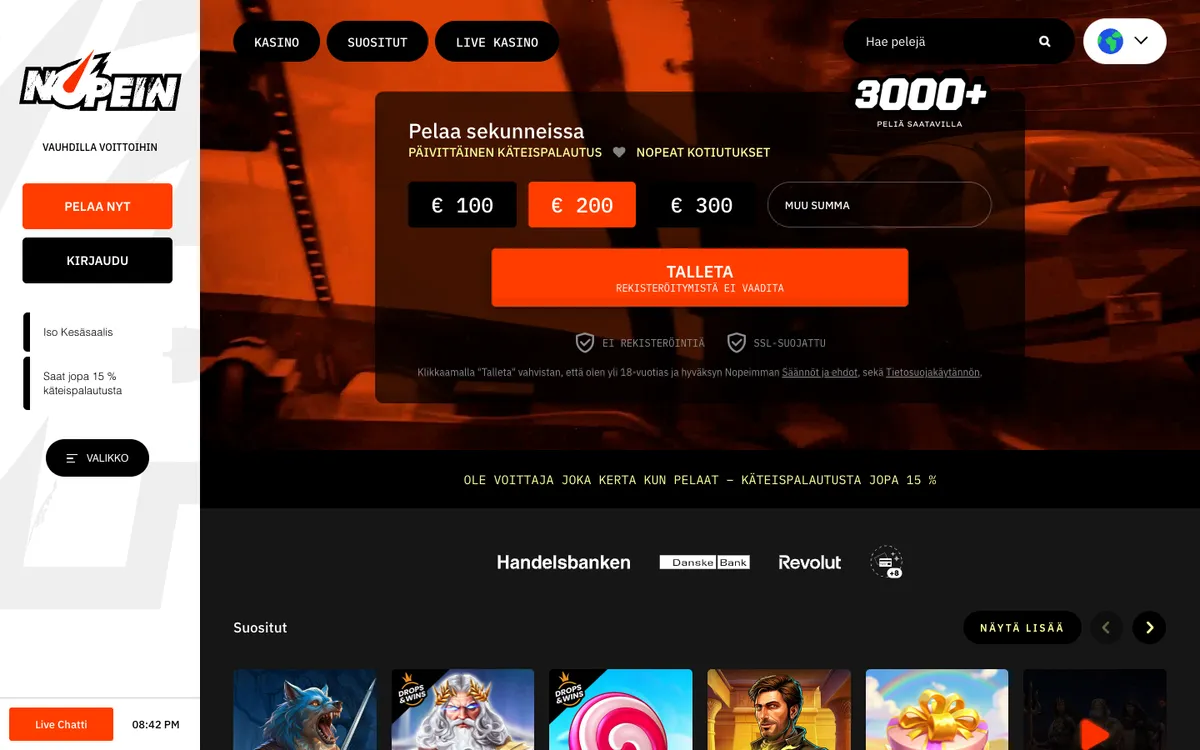 Nopein Casino — Home page, captured from Finland