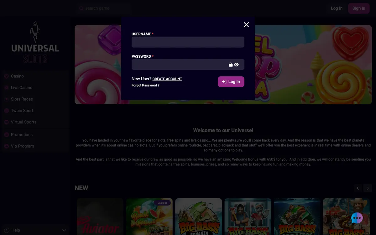 Universal Slots Casino — Sign-up, captured from Austria