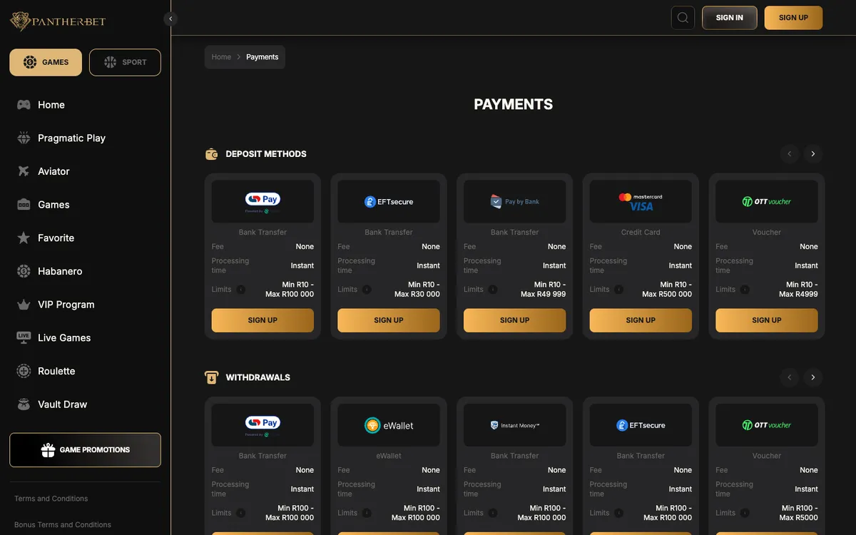 PantherBet Casino — Payments, captured from South Africa