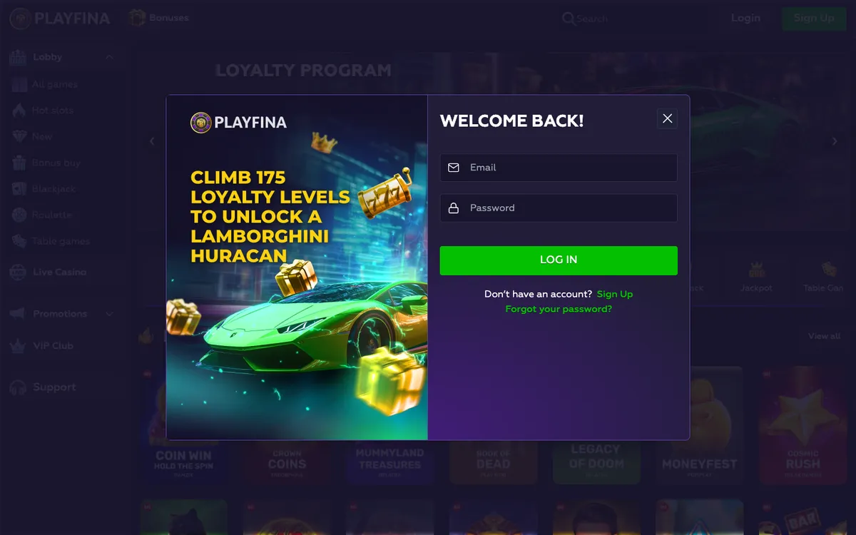 Playfina Casino — Sign-up, captured from South Africa