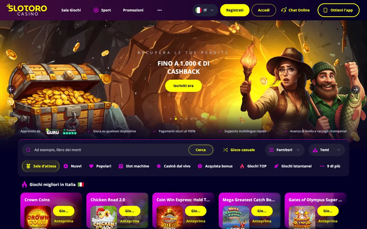 Slotoro Casino — Home page, captured from Italy