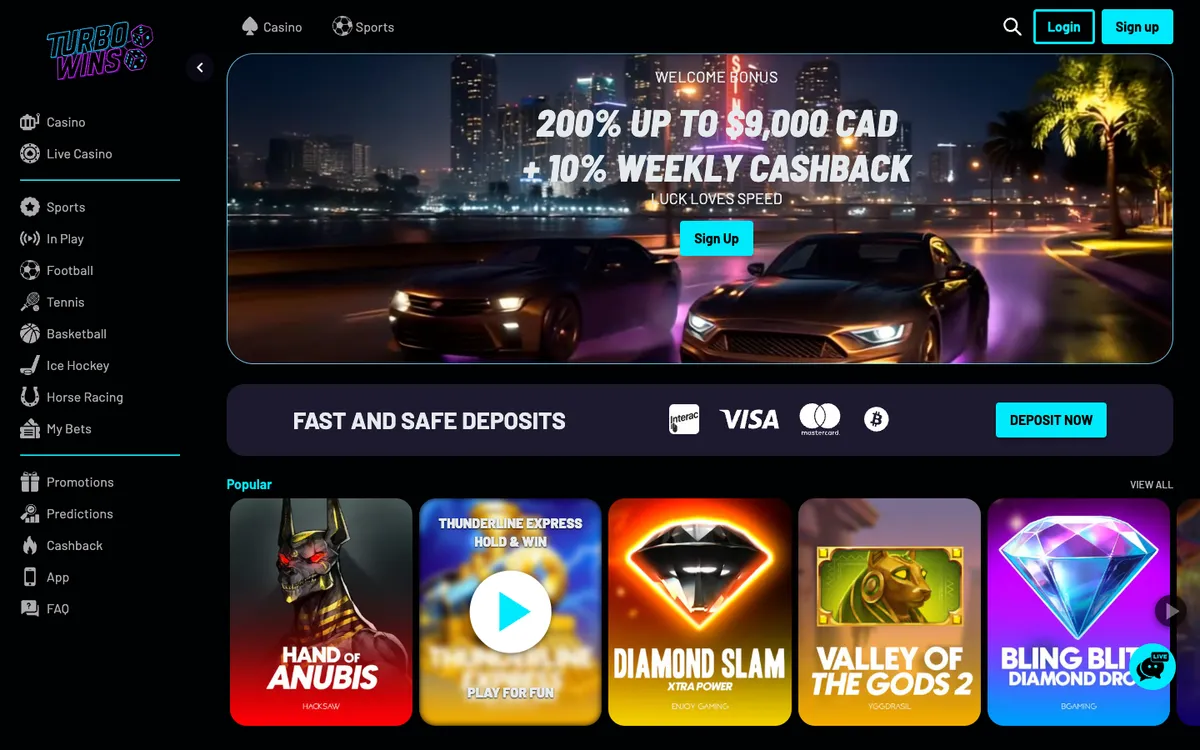 Turbo Wins Casino — Home page, captured from Canada