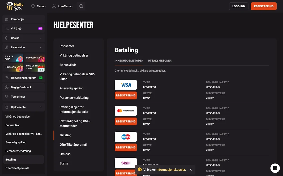 HollyWin Casino — Payments, captured from Norway