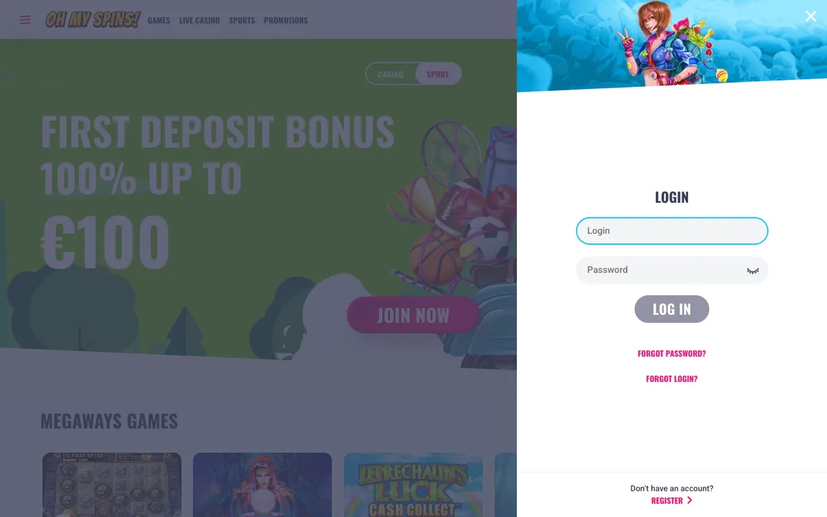OhMySpins Casino — «Регистрация», снято из страны Финляндия