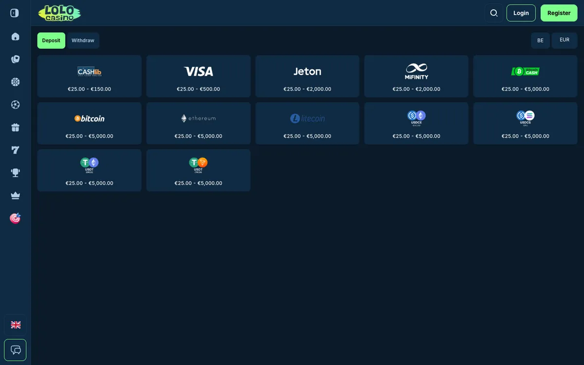 Lolo Casino — Payments, captured from Belgium