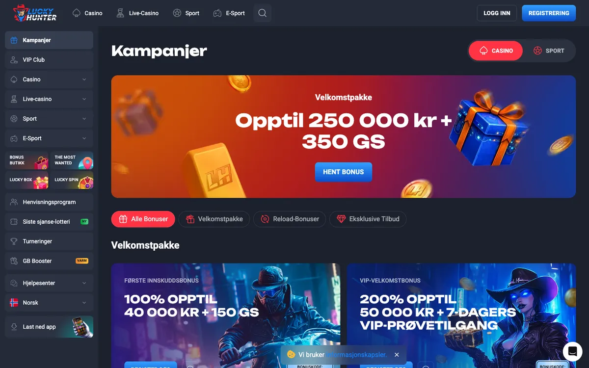 Lucky Hunter Casino — «Акции», снято из страны Норвегия