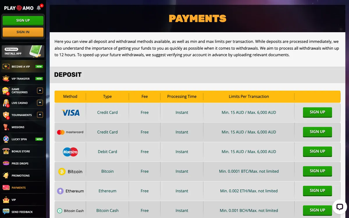 Playamo Casino — «Платежи», снято из страны Австралия