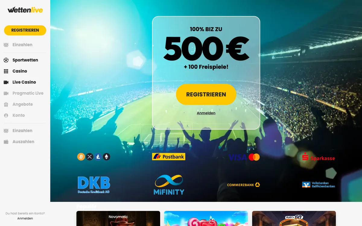 Wettenlive Casino — «Главная», снято из страны Германия