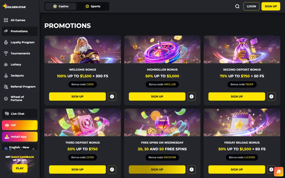 Golden Star Casino — «Акции», снято из страны Новая Зеландия