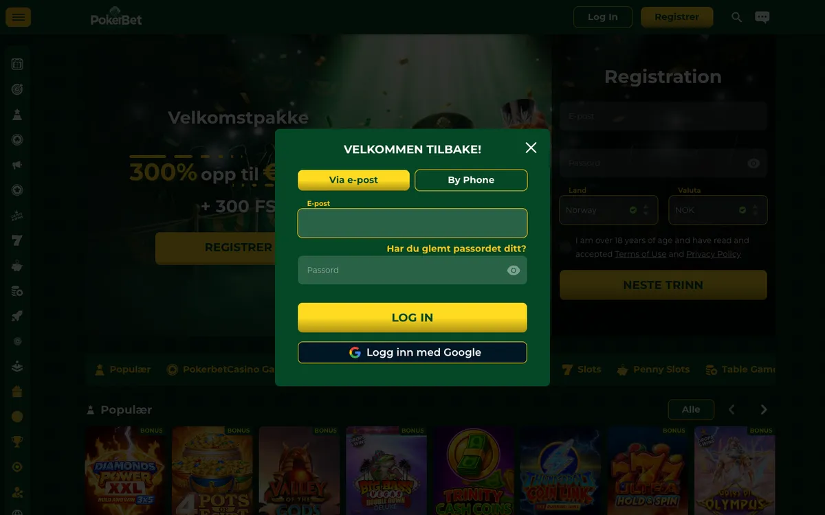 PokerBet Casino — Sign-up, captured from Norway