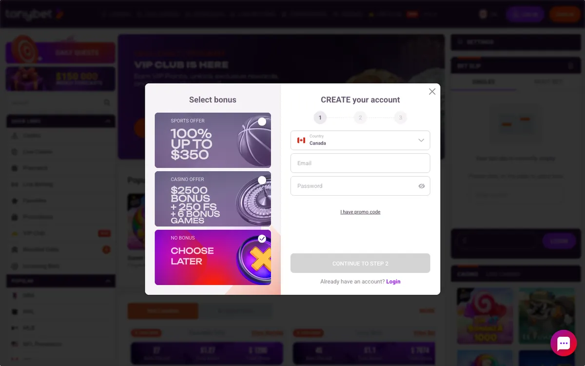 TonyBet Casino — Sign-up, captured from Canada