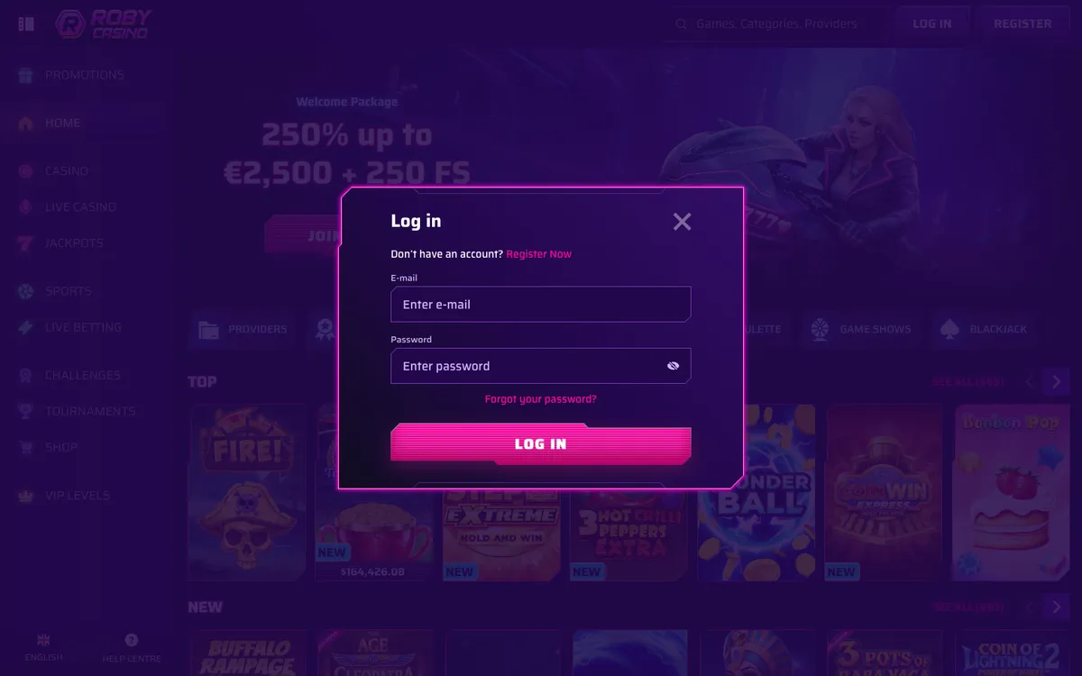Roby Casino — «Регистрация», снято из страны Канада