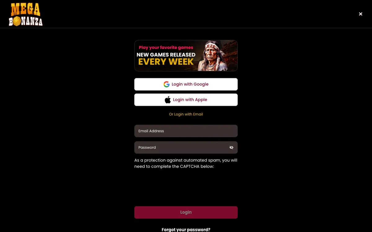 Mega Bonanza Social Casino — Sign-up, captured from United States