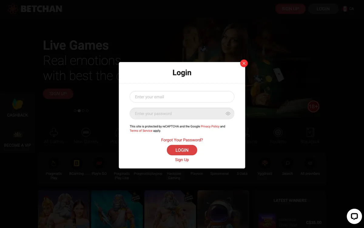 Betchan Casino — Sign-up, captured from Canada