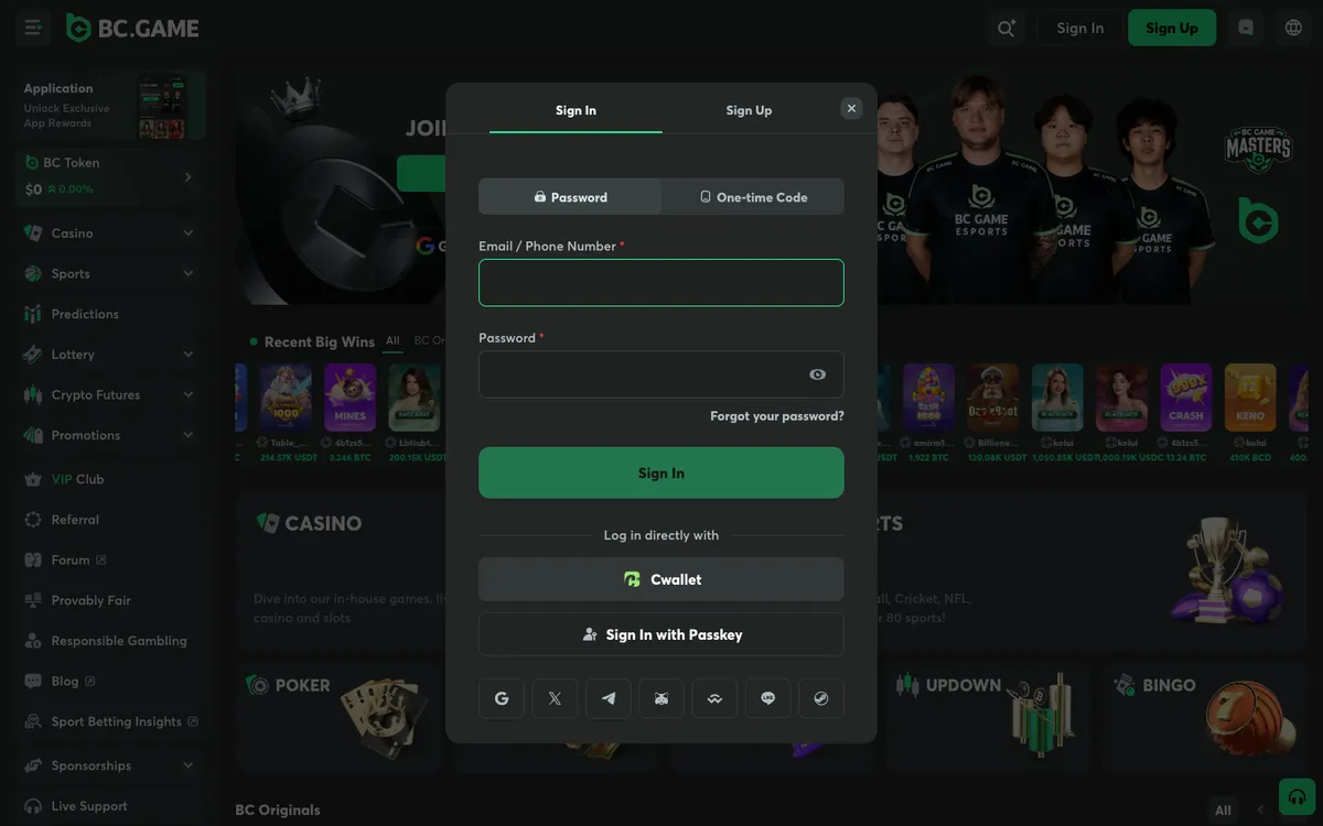 BC.Game Casino — Sign-up, captured from Belgium