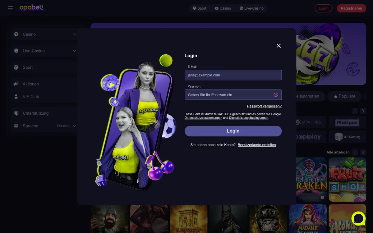 Opabet Casino — Sign-up, captured from Germany