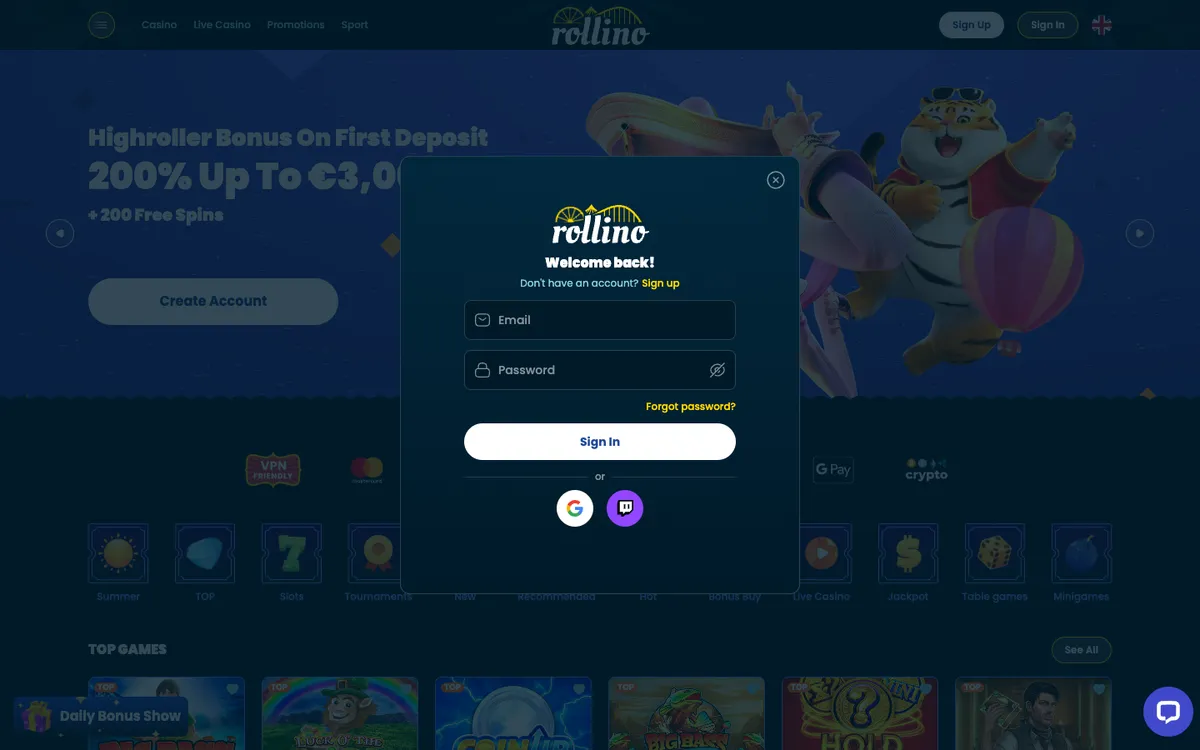Rollino Casino — Sign-up, captured from Finland