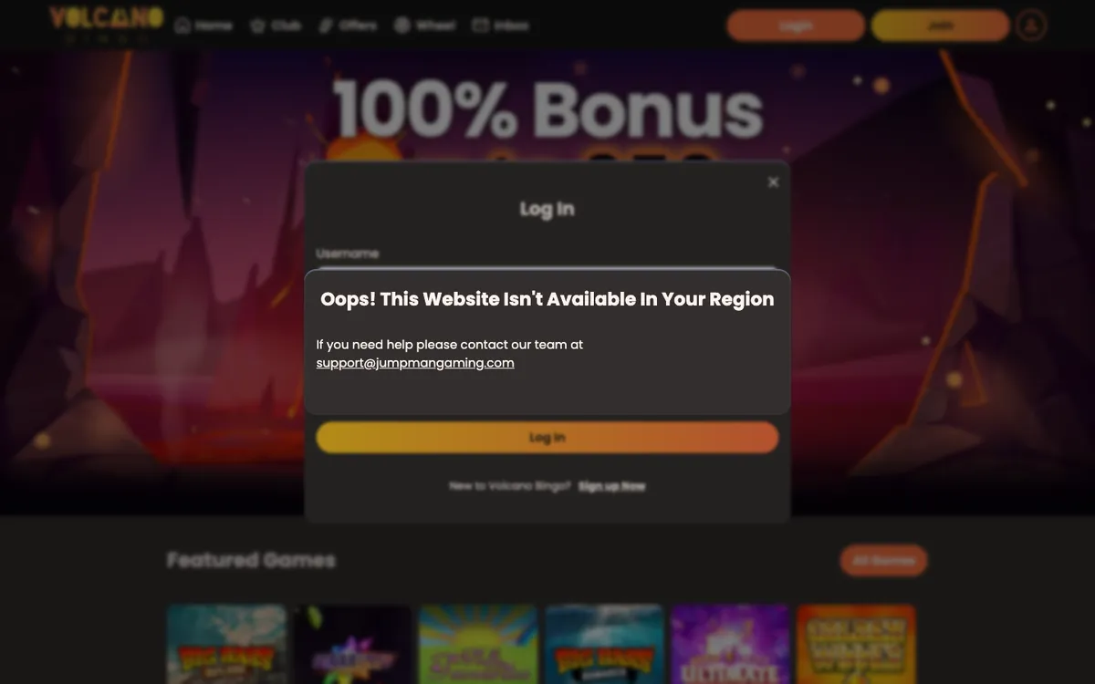 Volcano Bingo Casino — «Регистрация», снято из страны Австрия