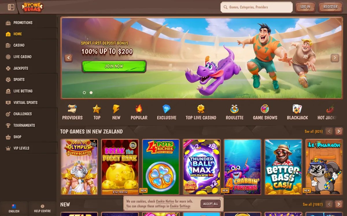 StoneVegas Casino — Home page, captured from New Zealand