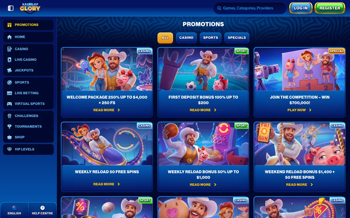 Spins of Glory Casino — Promotions, captured from New Zealand