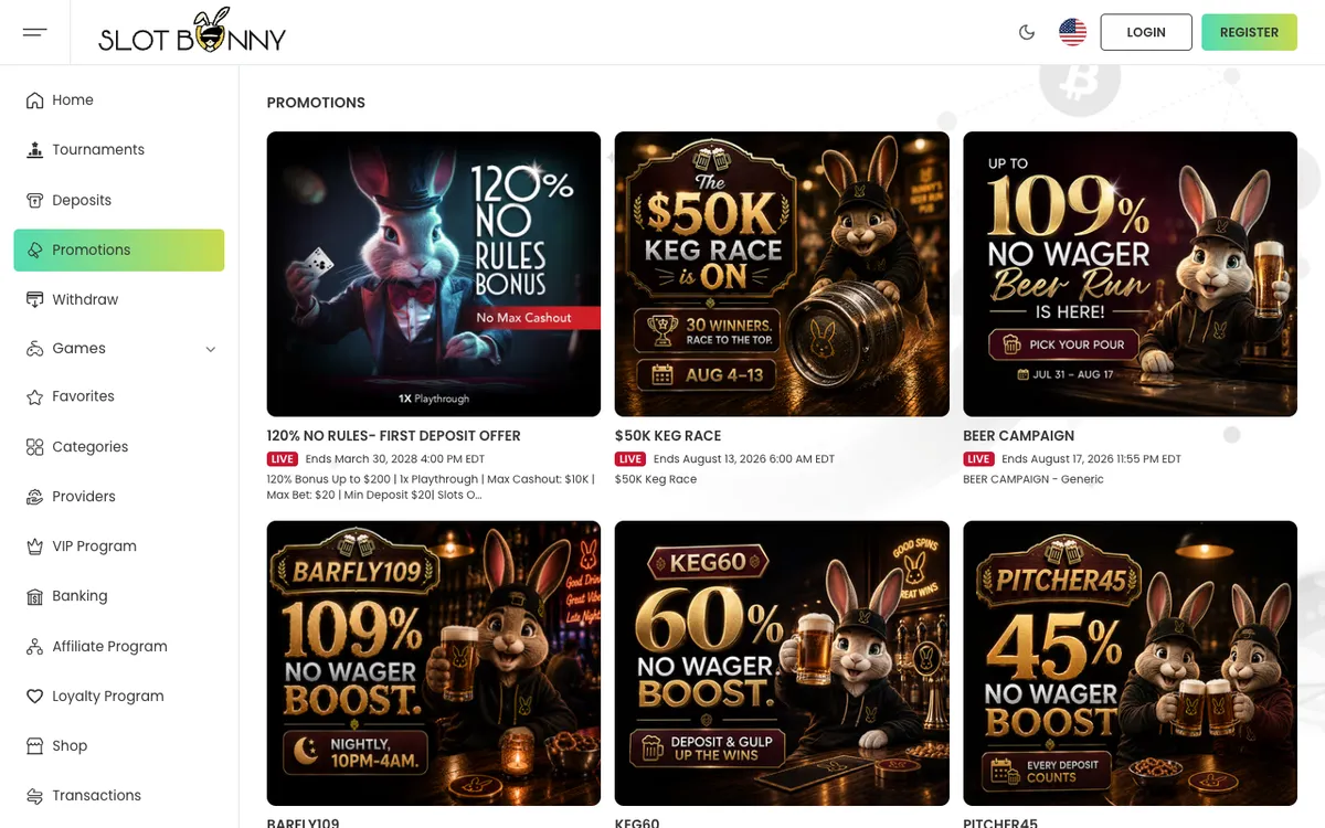 Slot Bunny Casino — Promotions, captured from Austria