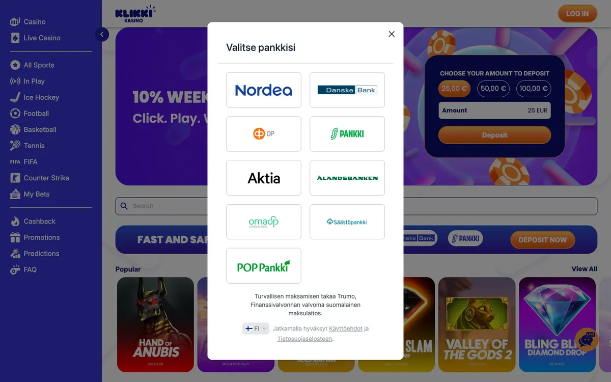 Klikki Kasino — Sign-up, captured from Finland