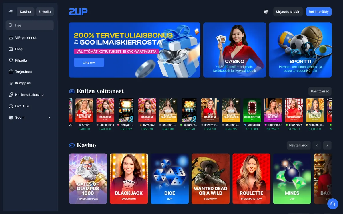 2UP Casino — Home page, captured from Finland