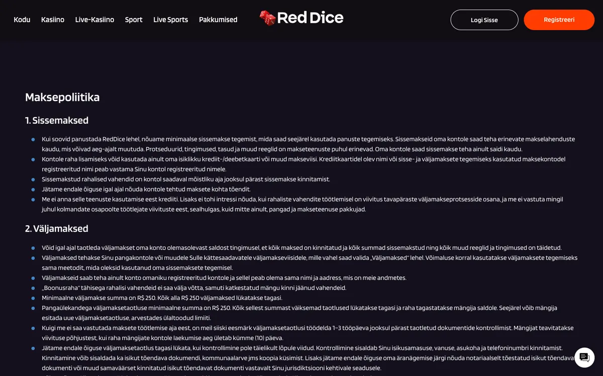 Red Dice Casino — Payments, captured from Estonia
