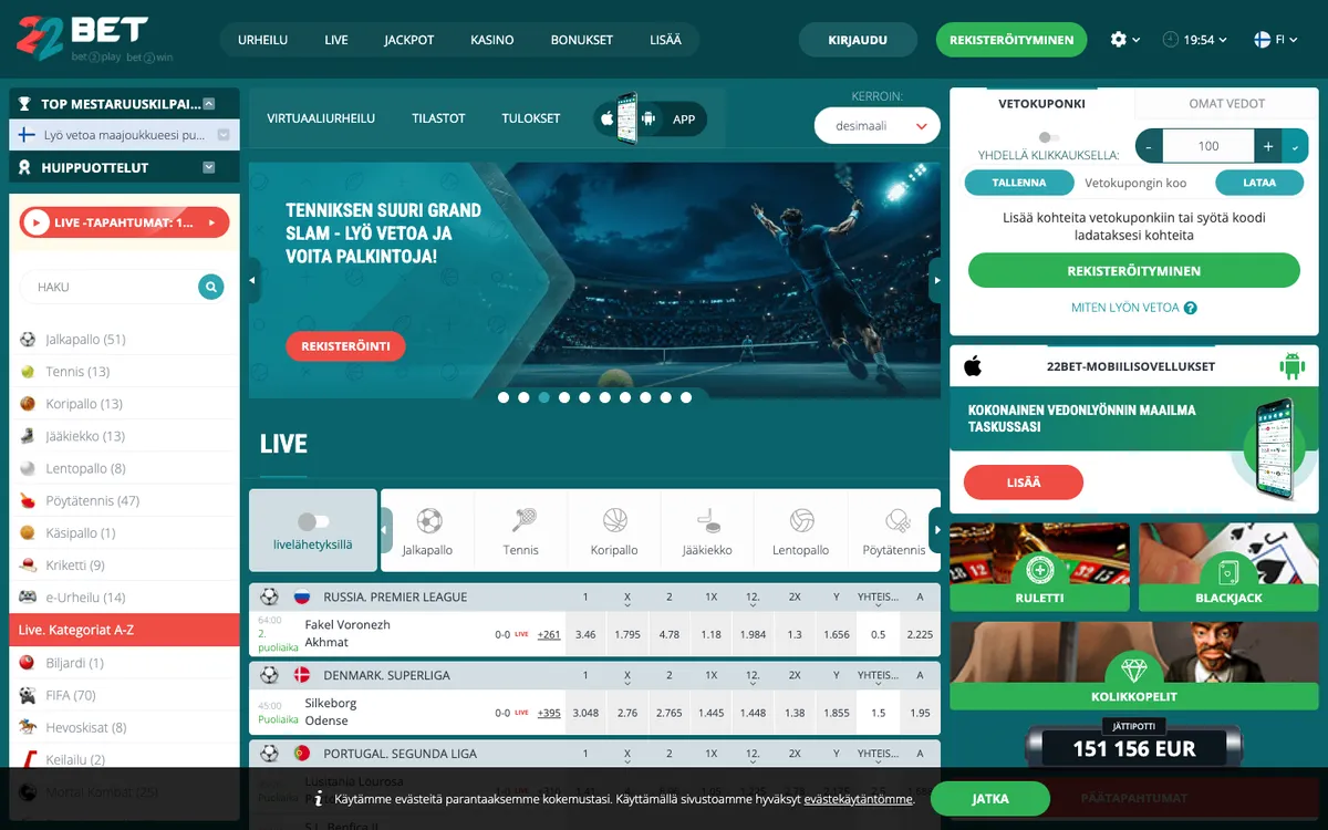 22bet Casino — Home page, captured from Finland