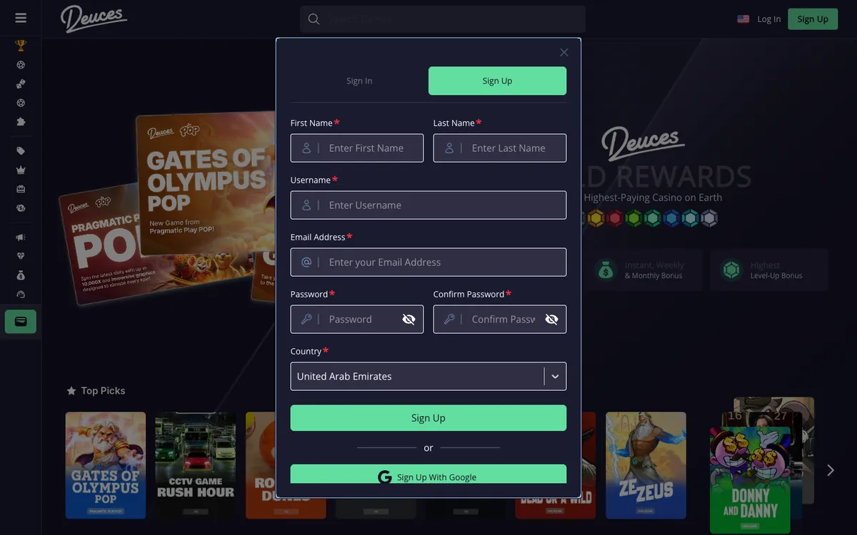 Deuces Casino — Sign-up, captured from United Arab Emirates