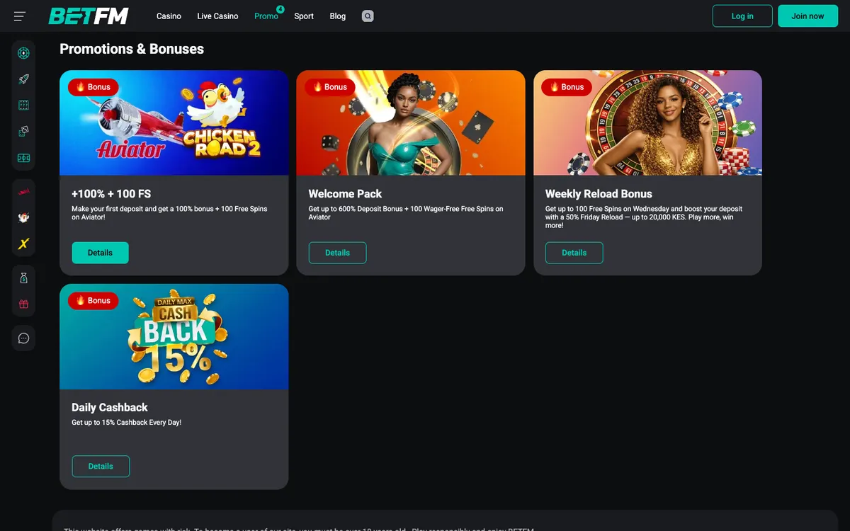 BetFM Casino — Promotions, captured from Nigeria