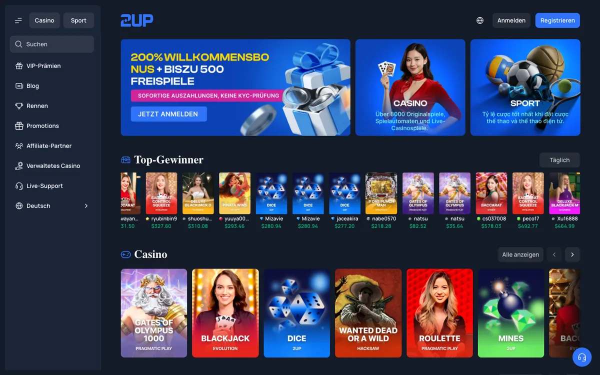 2UP Casino — Home page, captured from Austria