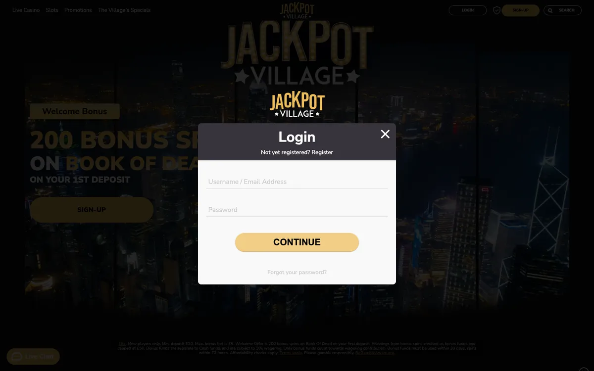 Jackpot Village Casino — «Регистрация», снято из страны Великобритания