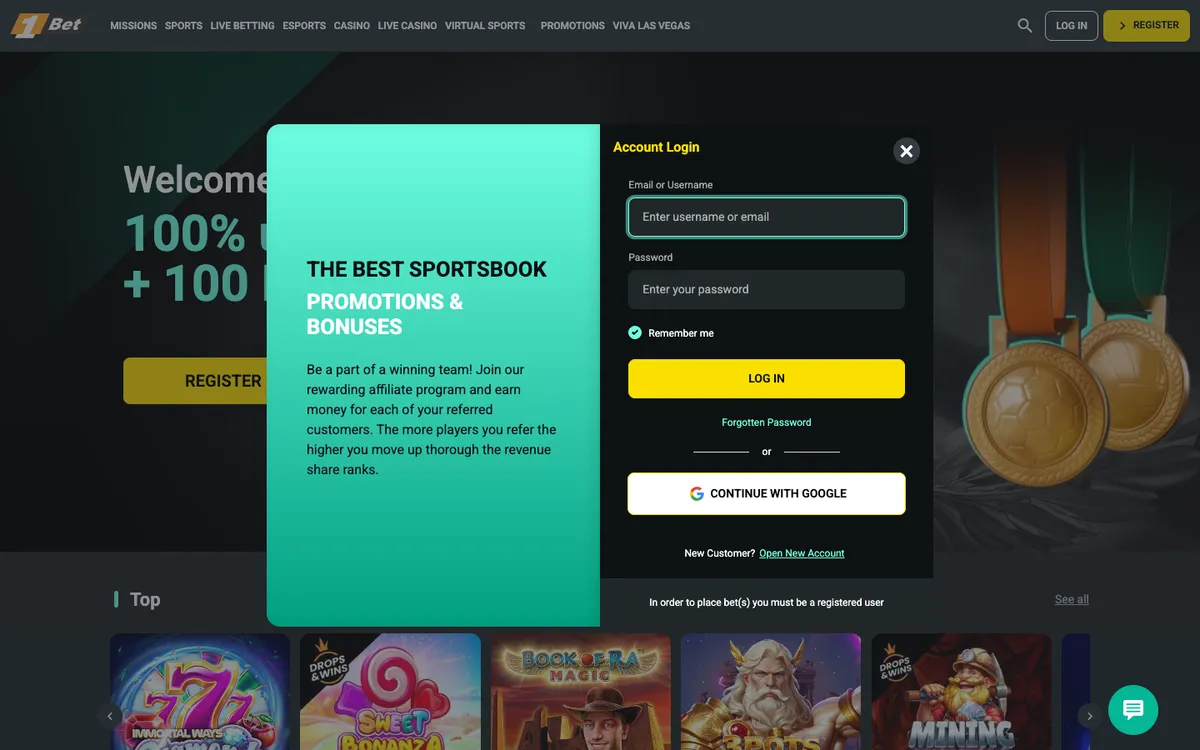 1Bet Casino — Sign-up, captured from Canada